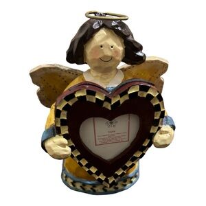 Angel Figurine with Halo Holding Mini Heart Shape Photo Frame Yellow/Brown 5.25"